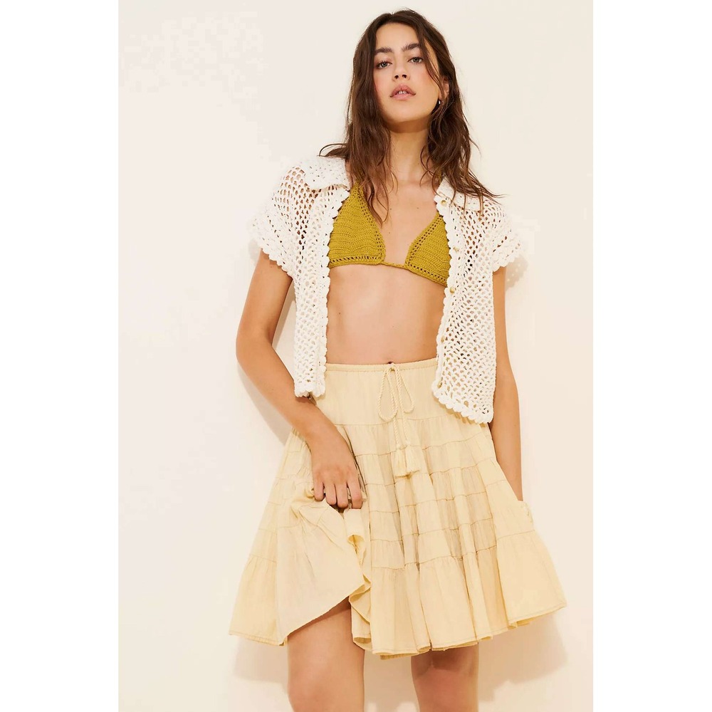 Free People Skirt Womens M butter yellow Tiered Gauze Mini Boho Tassels